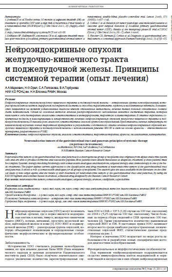 Нейроэндокринные опухоли желудочно-кишечного тракта  и поджелудочной железы. Принципы системной терапии (опыт лечения)