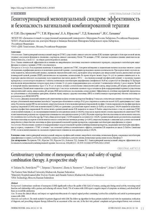 Генитоуринарный менопаузальный синдром: эффективность и безопасность вагинальной комбинированной терапии