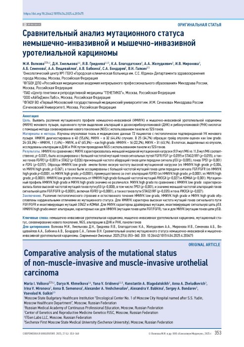 Сравнительный анализ мутационного статуса немышечно-инвазивной и мышечно-инвазивной уротелиальной карциномы