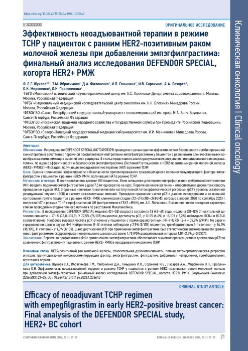 Эффективность неоадъювантной терапии в режиме TCHP у пациенток с ранним HER2-позитивным раком молочной железы при добавлении эмпэгфилграстима: финальный анализ исследования DEFENDOR SPECIAL, когорта HER2+ РМЖ
