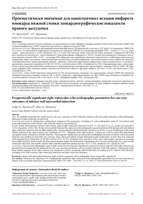 Прогностически значимые для одногодичных исходов инфаркта миокарда нижней стенки эхокардиографические показатели правого желудочка