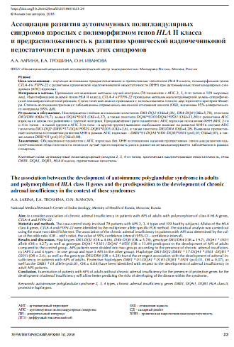 Ассоциация развития аутоиммунных полигландулярных синдромов взрослых с полиморфизмом генов HLA II класса и предрасположенность к развитию хронической надпочечниковой недостаточности в рамках этих синдромов