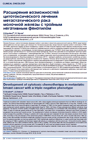 Расширение возможностей цитотоксического лечения метастатического рака  молочной железы с тройным негативным фенотипом
