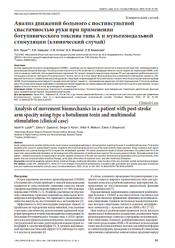 Анализ движений больного с постинсультной спастичностью руки при применении ботулинического токсина типа А и мультимодальной стимуляции (клинический случай)