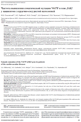 Частота выявления соматической мутации V617F в гене JAK2 у пациентов с сердечно-сосудистой патологией