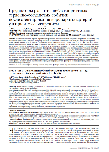 Предикторы развития неблагоприятных сердечно-сосудистых событий после стентирования коронарных артерий у пациентов с ожирением