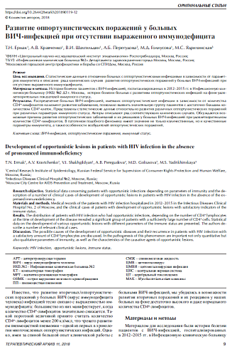 Развитие оппортунистических поражений у больных ВИЧ-инфекцией при отсутствии выраженного иммунодефицита