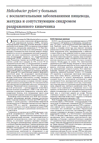 Helicobacter pylori у больных  с воспалительными заболеваниями пищевода, желудка и сопутствующим синдромом раздраженного кишечника