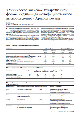 Клиническое значение лекарственной формы индапамида модифицированного высвобождения – Арифон ретард