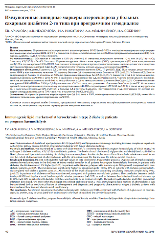 Иммуногенные липидные маркеры атеросклероза у больных сахарным диабетом 2-го типа при программном гемодиализе