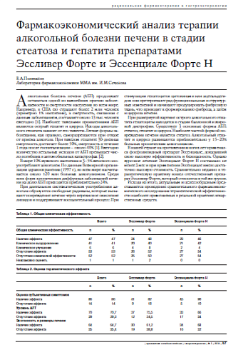 Фармакоэкономический анализ терапии алкогольной болезни печени в стадии стеатоза и гепатита препаратами Эссливер Форте и Эссенциале Форте H