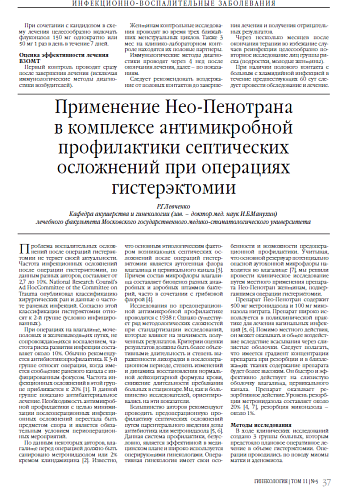 Применение Нео-Пенотрана в комплексе антимикробной профилактики септических осложнений при операциях гистерэктомии
