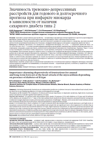 Значимость тревожно-депрессивных расстройств для годового и долгосрочного прогноза при инфаркте миокарда в зависимости от наличия сахарного диабета типа 2