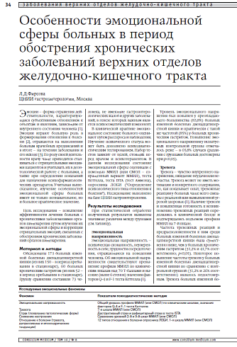 Особенности эмоциональной сферы больных в период обострения хронических заболеваний верхних отделов желудочно-кишечного тракта