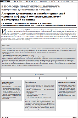Алгоритм диагностики и антибактериальной  терапии инфекций мочевыводящих путей  в акушерской практике