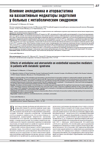 Влияние амлодипина и аторвастатина на вазоактивные медиаторы эндотелия у больных с метаболическим синдромом