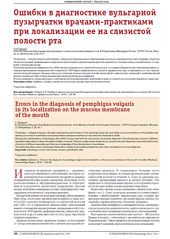 Ошибки в диагностике вульгарной пузырчатки врачами-практиками  при локализации ее на слизистой полости рта