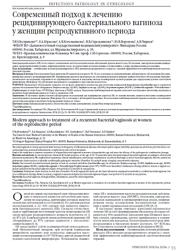Современный подход к лечению рецидивирующего бактериального вагиноза  у женщин репродуктивного периода