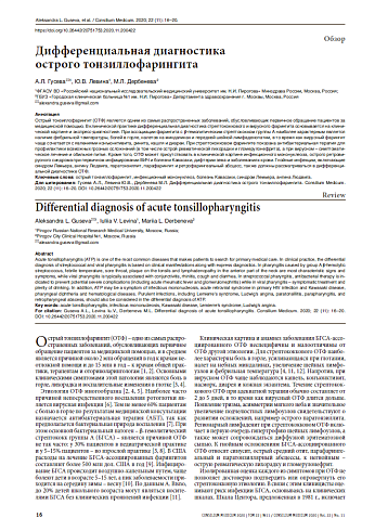 Дифференциальная диагностика  острого тонзиллофарингита