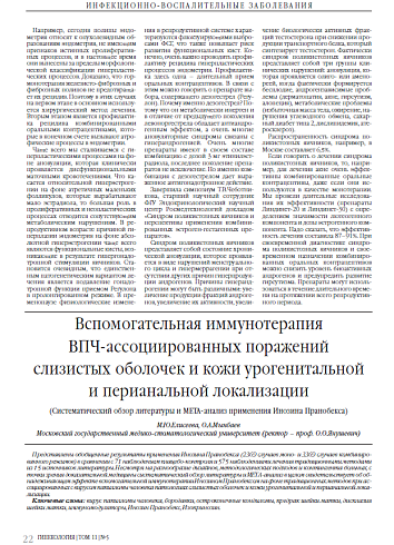 Вспомогательная иммунотерапия ВПЧ-ассоциированных поражений слизистых оболочек и кожи урогенитальной и перианальной локализации (Систематический обзор литературы и МЕТА-анализ применения Инозина Пранобекса)