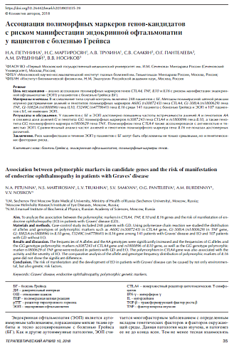 Ассоциация полиморфных маркеров генов-кандидатов с риском манифестации эндокринной офтальмопатии у пациентов с болезнью Грейвса