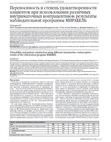Переносимость и степень удовлетворенности пациенток при использовании различных внутриматочных контрацептивов: результаты наблюдательной программы МИРАБЕЛЬ