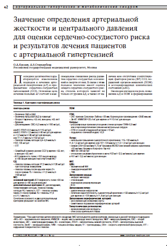 Значение определения артериальной жесткостии центрального давления для оценки сердечно-сосудистого риска и результатов лечения пациентовс артериальной гипертензией 
