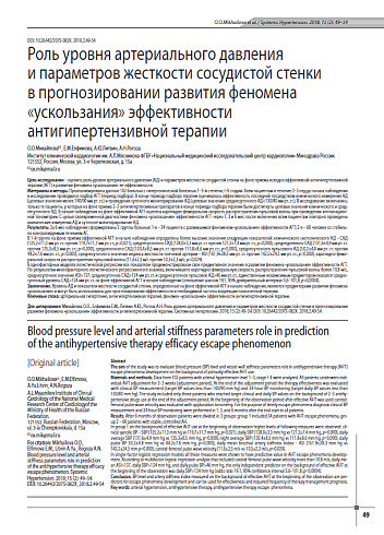 Роль уровня артериального давления и параметров жесткости сосудистой стенки в прогнозировании развития феномена «ускользания» эффективности антигипертензивной терапии