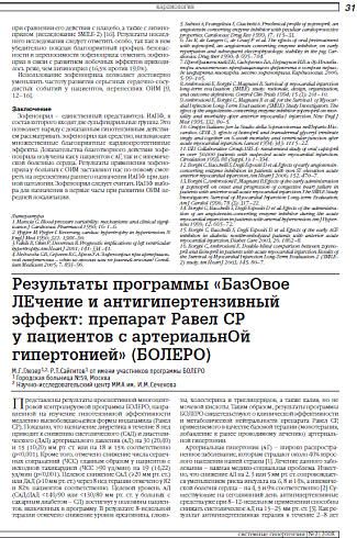 Результаты программы «БазОвое ЛЕчение и антигипертензивный эффект: препарат Равел СР  у пациентов с артериальнОй гипертонией» (БОЛЕРО)