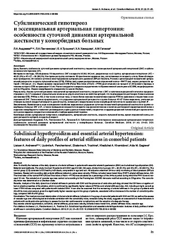 Субклинический гипотиреоз  и эссенциальная артериальная гипертония: особенности суточной динамики артериальной жесткости у коморбидных больных