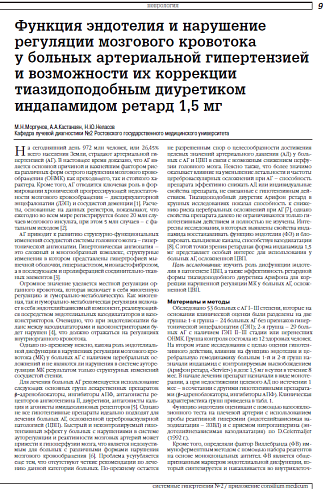 Функция эндотелия и нарушение регуляции мозгового кровотока  у больных артериальной гипертензией и возможности их коррекции тиазидоподобным диуретиком индапамидом ретард 1,5 мг