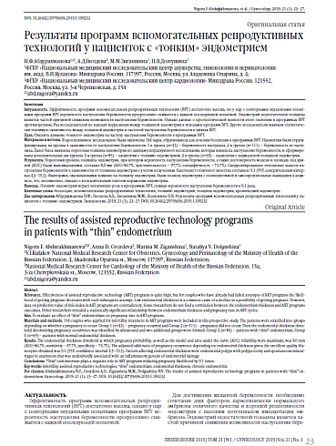 Результаты программ вспомогательных репродуктивных технологий у пациенток с «тонким» эндометрием