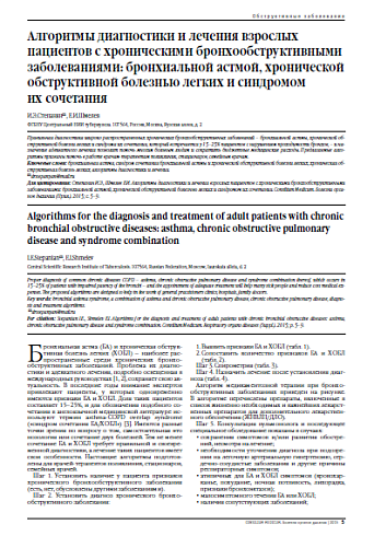Алгоритмы диагностики и лечения взрослых пациентов с хроническими бронхообструктивными заболеваниями: бронхиальной астмой, хронической обструктивной болезнью легких и синдромом  их сочетания