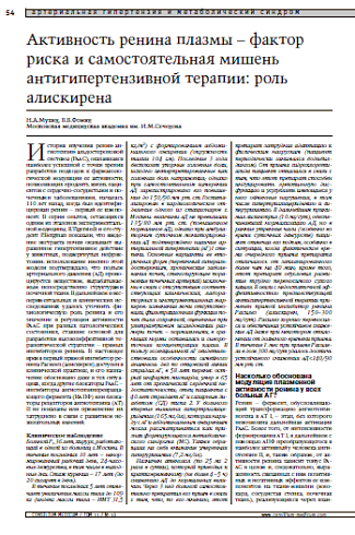Активность ренина плазмы – фактор риска и самостоятельная мишень антигипертензивной терапии: роль алискирена