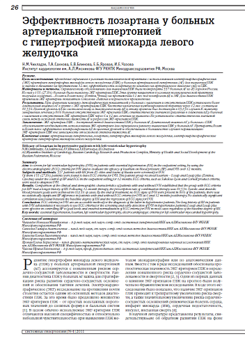 Эффективность лозартана у больных артериальной гипертонией с гипертрофией миокарда левого желудочка