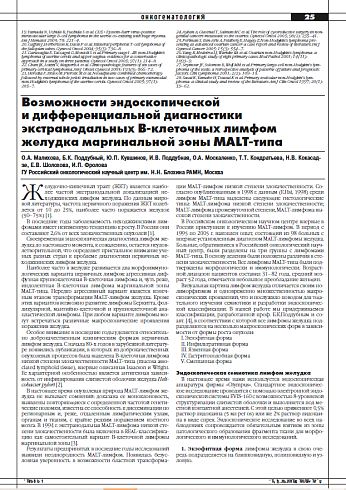 Возможности эндоскопической  и дифференциальной диагностики  экстранодальных В-клеточных лимфом  желудка маргинальной зоны MALT-типа