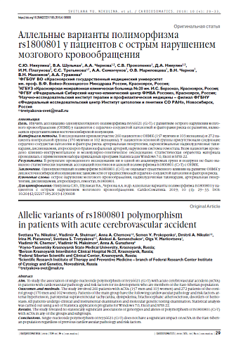 Аллельные варианты полиморфизма rs1800801 у пациентов с острым нарушением мозгового кровообращения