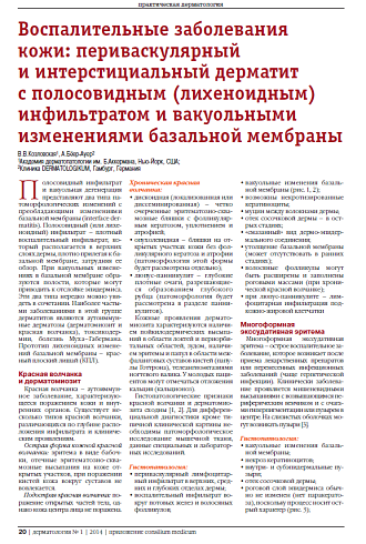 Воспалительные заболевания кожи: периваскулярный  и интерстициальный дерматит  c полосовидным (лихеноидным) инфильтратом и вакуольными изменениями базальной мембраны