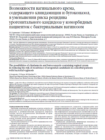 Возможности вагинального крема, содержащего клиндамицин и бутоконазол,  в уменьшении риска рецидива урогенитального кандидоза у коморбидных пациенток с бактериальным вагинозом