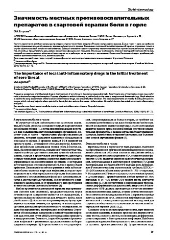 Значимость местных противовоспалительных препаратов в стартовой терапии боли в горле