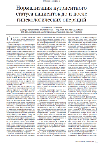 Нормализация нутриентного  статуса пациенток до и после гинекологических операций