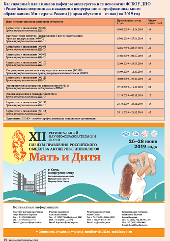 Календарный план циклов кафедры акушерства и гинекологии ФГБОУ ДПО
