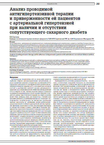 Анализ проводимой антигипертензивной терапии и приверженности ей пациентов с артериальной гипертензией при наличии и отсутствии сопутствующего сахарного диабета