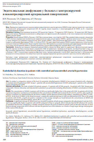 Эндотелиальная дисфункция у больных с контролируемой и неконтролируемой артериальной гипертензией
