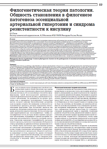 Филогенетическая теория патологии. Общность становления в филогенезе патогенеза эссенциальной артериальной гипертонии и синдрома резистентности к инсулину
