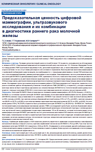 Предсказательная ценность цифровой маммографии, ультразвукового исследования и их комбинации  в диагностике раннего рака молочной железы
