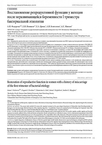 Восстановление репродуктивной функции у женщин после неразвивающейся беременности I триместра бактериальной этиологии