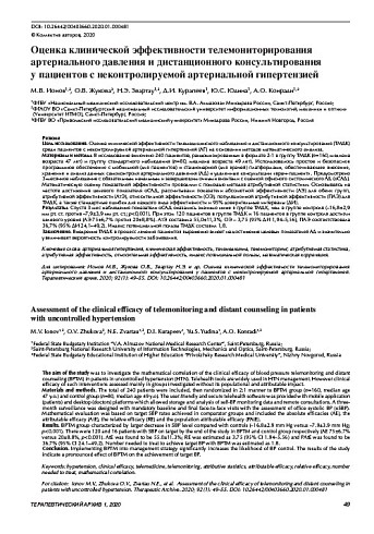Оценка клинической эффективности телемониторирования артериального давления и дистанционного консультирования у пациентов с неконтролируемой артериальной гипертензией 