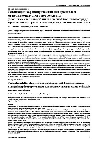 Реализация кардиопротекции никорандилом  от перипроцедурного повреждения  у больных стабильной ишемической болезнью сердца при плановых чрескожных коронарных вмешательствах