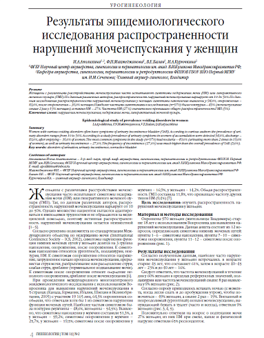Результаты эпидемиологического исследования распространенности нарушений мочеиспускания у женщин